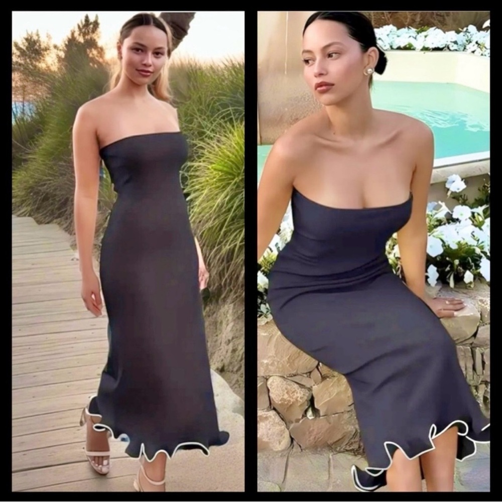 NWOT Black Maxi Dress With White Detail Along The Bottom Hem